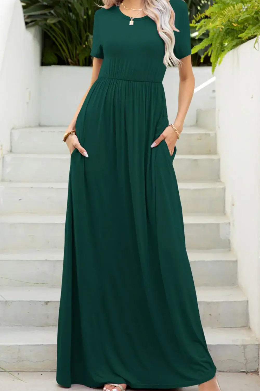 Round Neck Maxi Tee Dress with Pockets - Trendsi - Flyclothing LLC