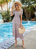 Printed Square Neck Short Sleeve Midi Dress - Trendsi