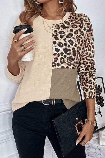 Leopard Waffle Knit Long Sleeve T-Shirt - Trendsi - Flyclothing LLC