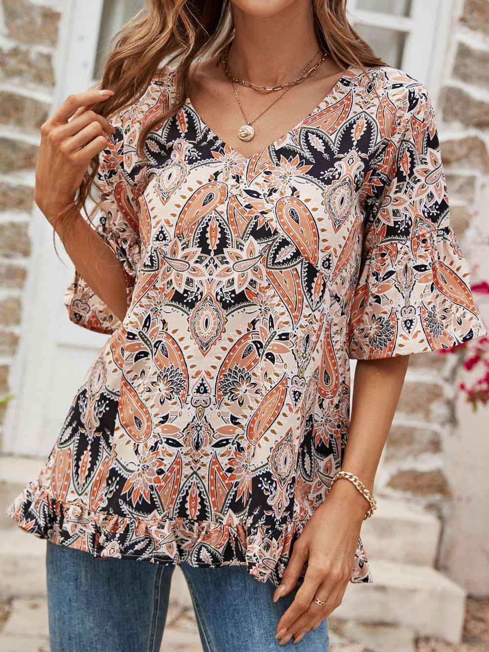Printed Flounce Sleeve Ruffle Hem Blouse - Trendsi - Flyclothing LLC