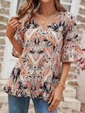 Printed Flounce Sleeve Ruffle Hem Blouse - Trendsi - Flyclothing LLC