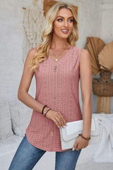 Eyelet Decorative Button V-Neck Tank - Trendsi - Flyclothing LLC