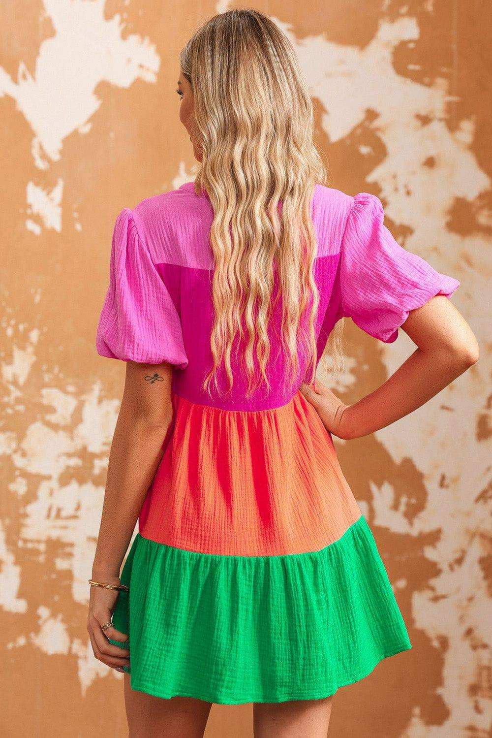 Color Block Buttoned Puff Sleeve Dress - Trendsi - Flyclothing LLC