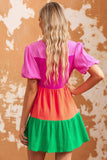 Color Block Buttoned Puff Sleeve Dress - Trendsi - Flyclothing LLC