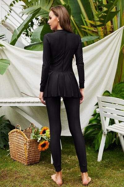 Mock Neck Long Sleeve One-Piece Swimwear - Trendsi - Flyclothing LLC