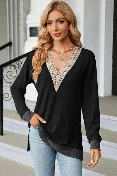Slit V-Neck Long Sleeve T-Shirt - Trendsi - Flyclothing LLC
