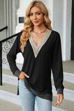 Slit V-Neck Long Sleeve T-Shirt - Trendsi - Flyclothing LLC