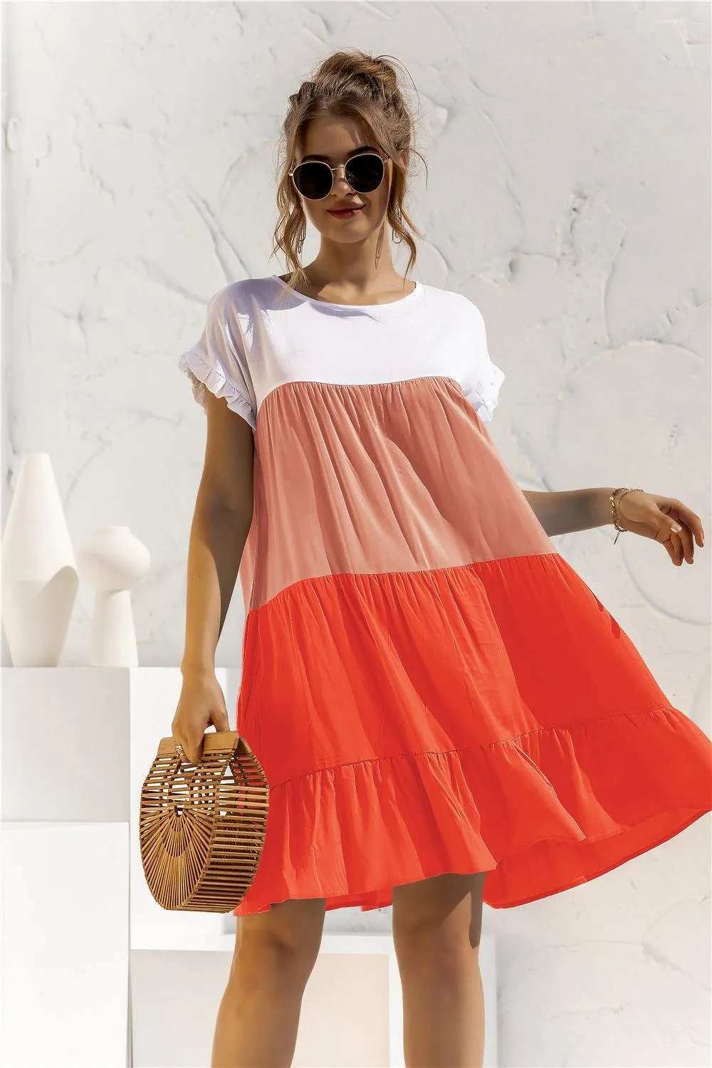 Color Block Round Neck Ruffle Hem Dress - Trendsi - Flyclothing LLC