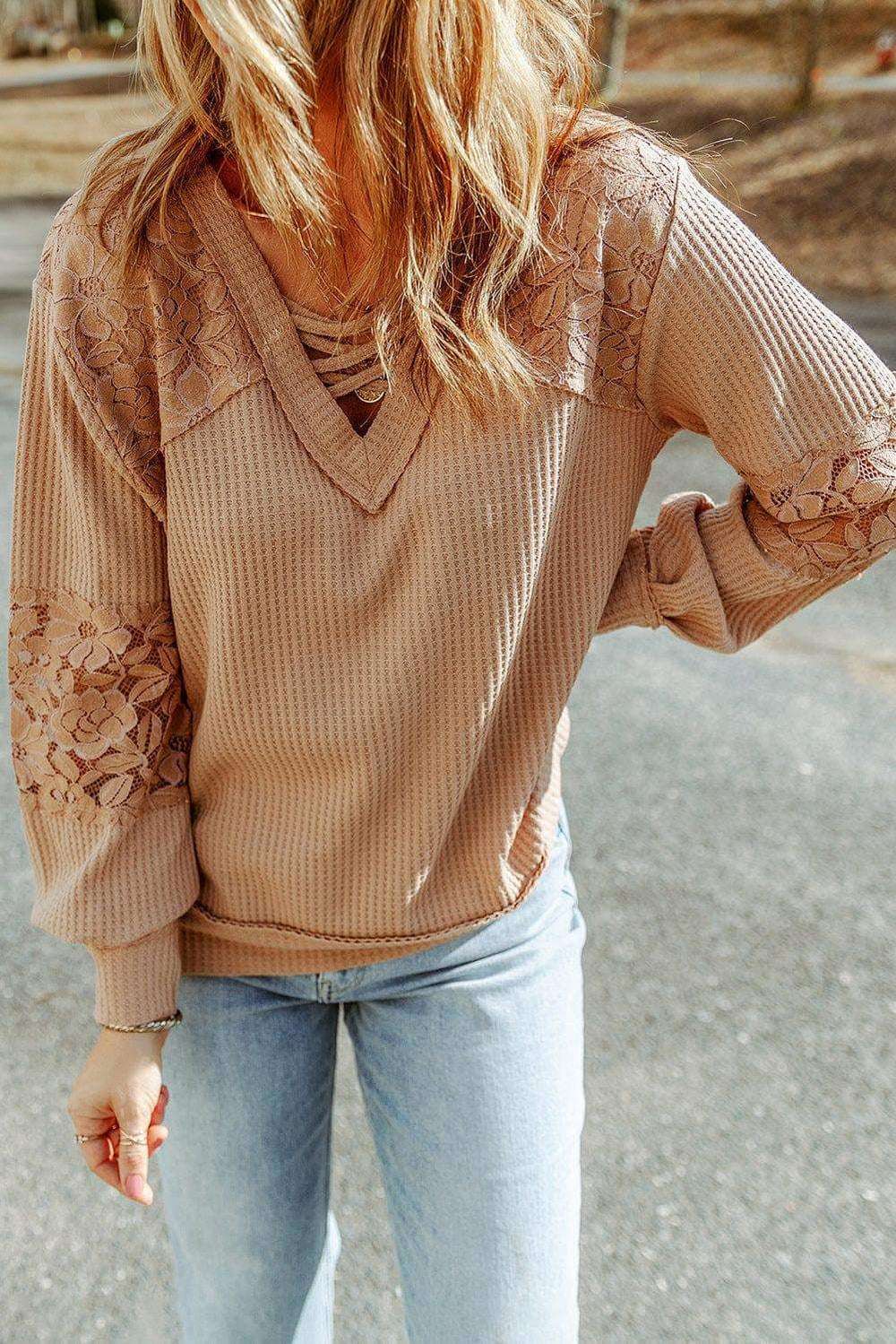 Crisscross V-Neck Waffle-Knit Top - Trendsi - Flyclothing LLC