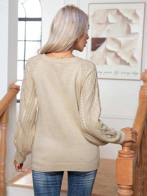 Cable-Knit Round Neck Buttoned Sweater - Trendsi - Flyclothing LLC