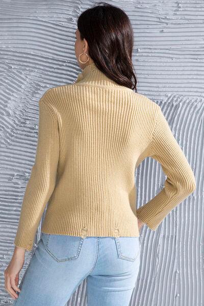 Ribbed Long Sleeve Slit Distressed Sweater - Trendsi