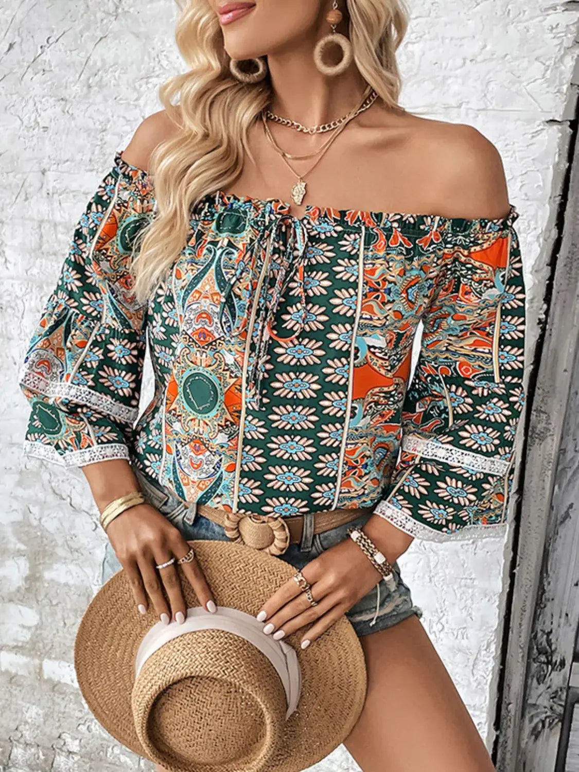 Printed Frill Trim Off-Shoulder Blouse - Trendsi - Flyclothing LLC
