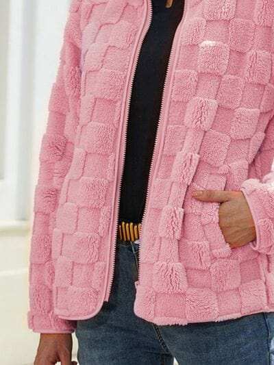 Fuzzy Checkered Zip Up Jacket - Trendsi - Flyclothing LLC