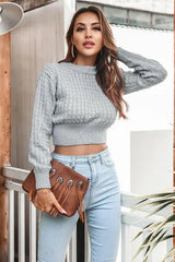 Round Neck Long Sleeve Cropped Sweater - Trendsi - Flyclothing LLC