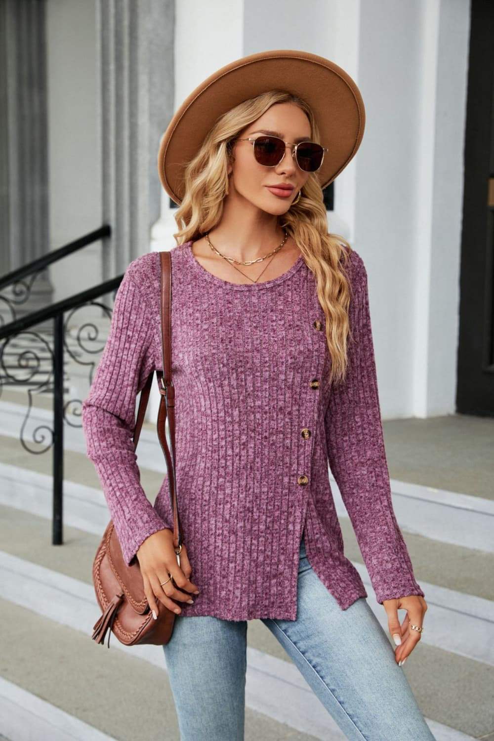 Buttoned Long Sleeve Slit Top - Trendsi - Flyclothing LLC
