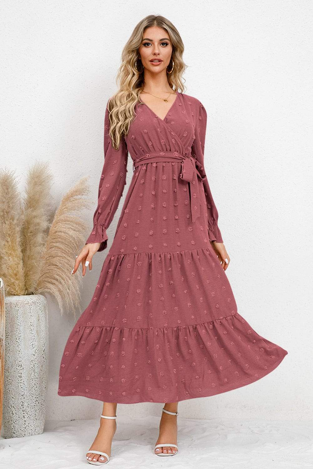 Swiss Dot Tied Surplice Flounce Sleeve Dress - Trendsi - Flyclothing LLC