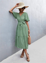 Printed V-Neck Flutter Sleeve Belted Dress - Trendsi - Flyclothing LLC