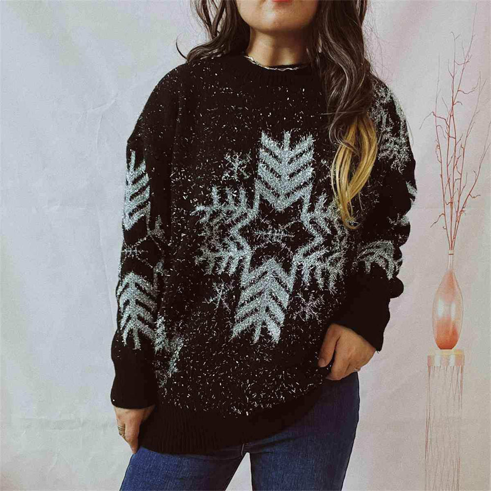 Snowflake Pattern Long Sleeve Sweater - Trendsi - Flyclothing LLC