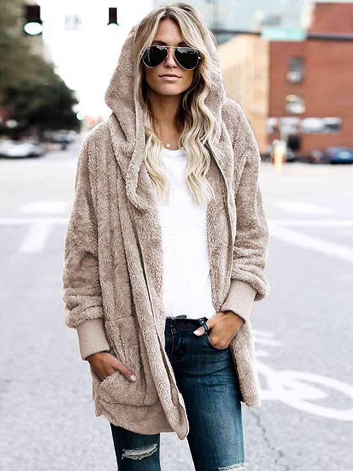 Teddy Hooded Jacket with Pockets - Trendsi - Flyclothing LLC