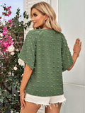 Swiss Dot Notched Neck Flare Sleeve Blouse - Trendsi - Flyclothing LLC
