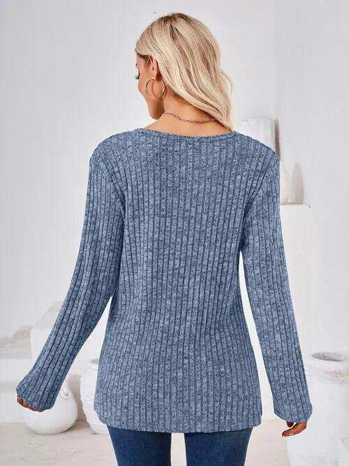 Ribbed Buttoned Round Neck Slit T-Shirt - Trendsi - Flyclothing LLC