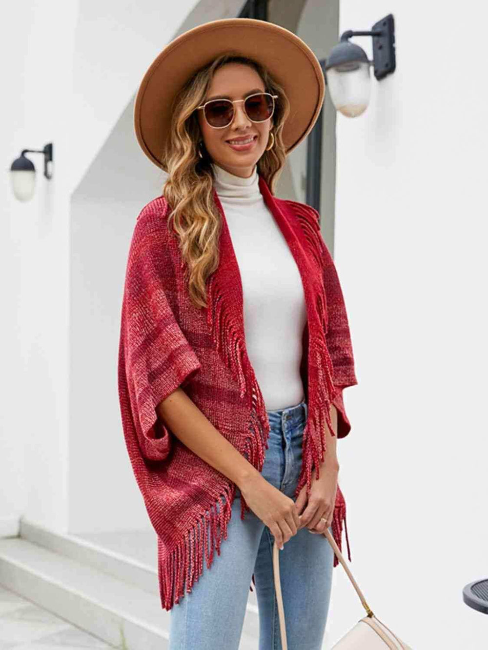 Fringe Detail Open Front Poncho - Trendsi - Flyclothing LLC