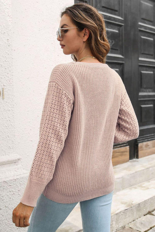 Ribbed Openwork Sleeve Round Neck Pullover Sweater - Trendsi
