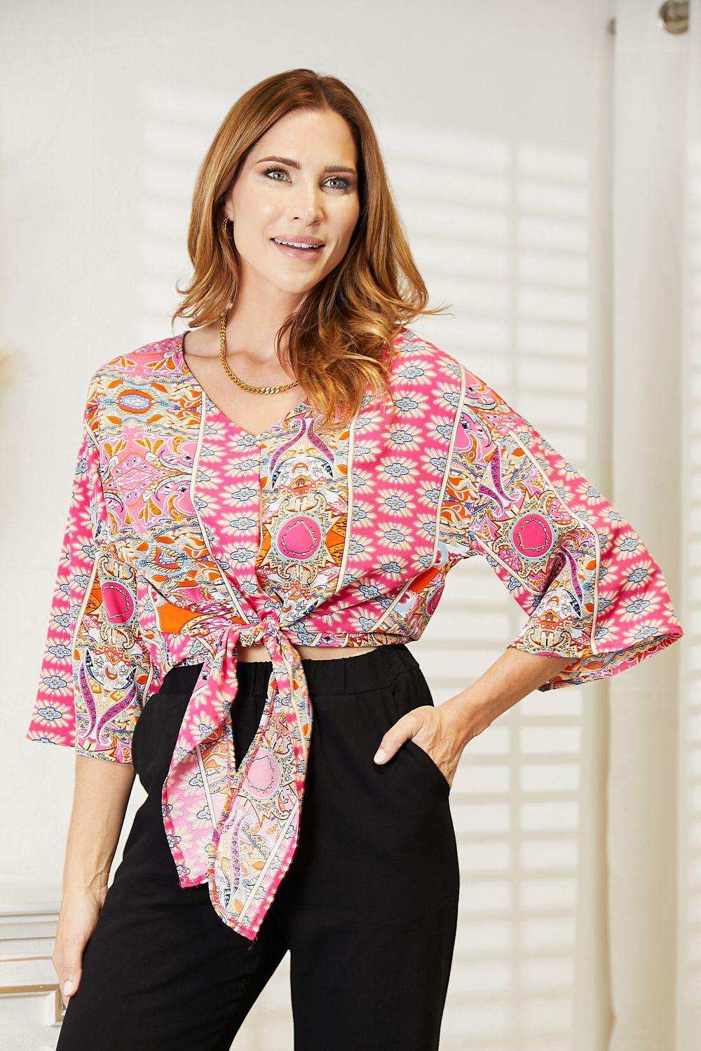Double Take Tie Hem V-Neck Three-Quarter Sleeve Blouse - Trendsi - Flyclothing LLC