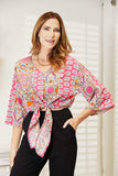 Double Take Tie Hem V-Neck Three-Quarter Sleeve Blouse - Trendsi - Flyclothing LLC