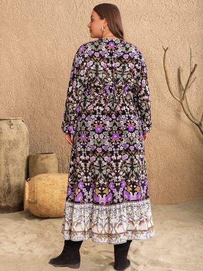 Plus Size V-Neck Balloon Sleeve Printed Midi Dress - Trendsi - Flyclothing LLC