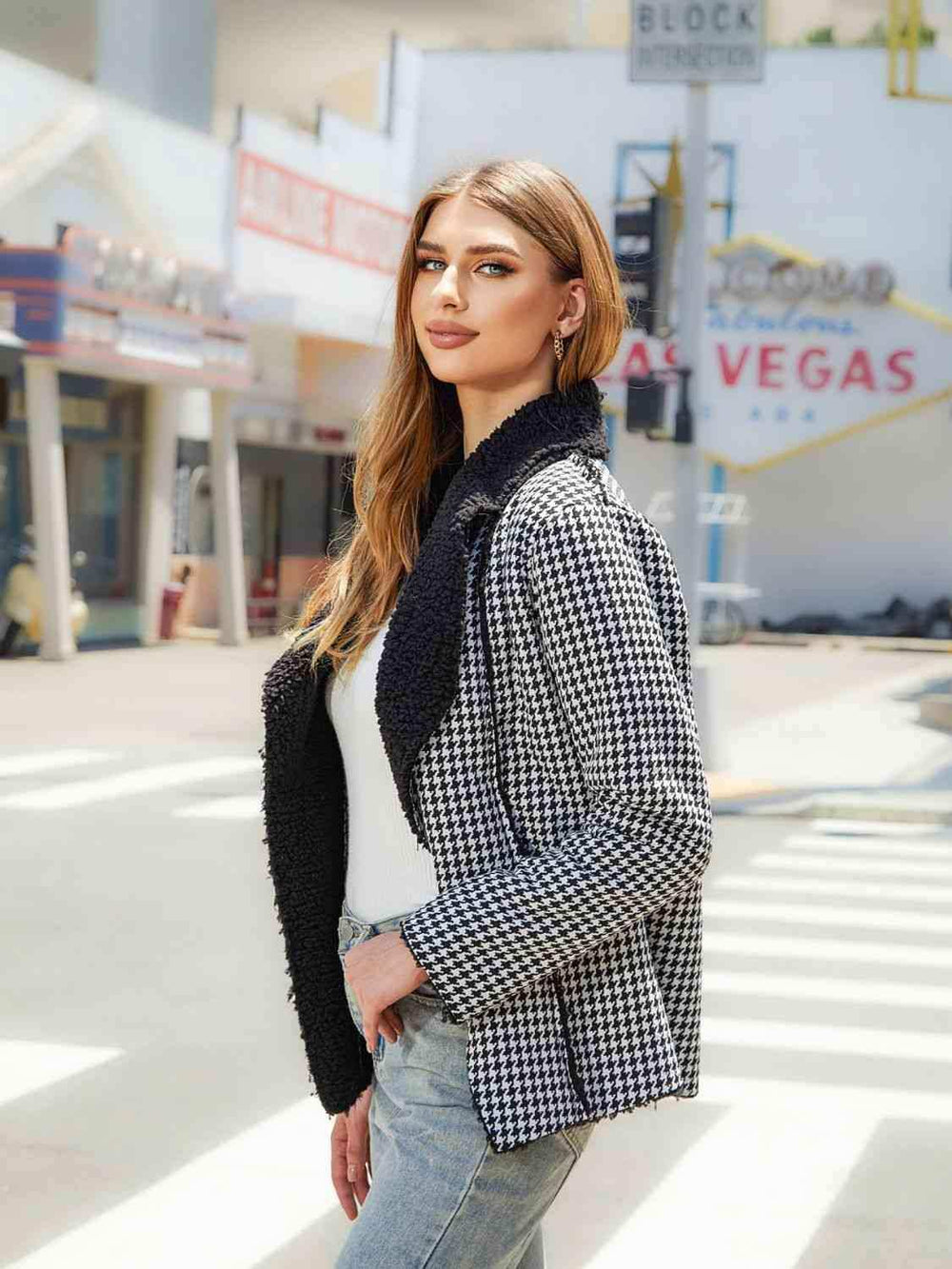 Houndstooth Open Front Long Sleeve Jacket - Trendsi - Flyclothing LLC