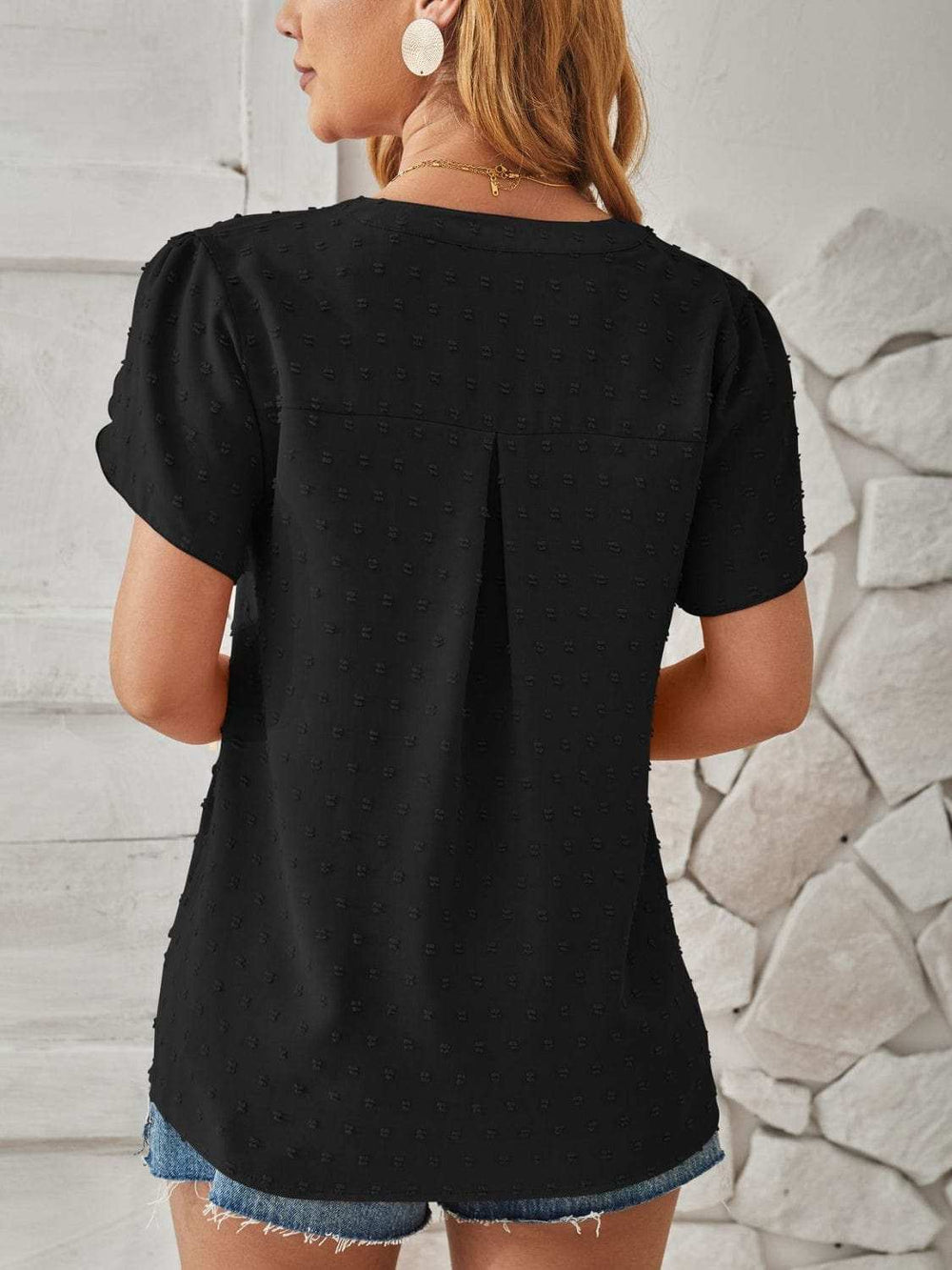 Swiss Dot Notched Petal Sleeve T-Shirt - Trendsi - Flyclothing LLC