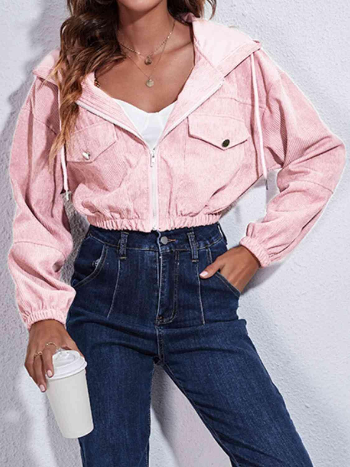 Drawstring Hooded Zip Up Jacket with Pockets - Trendsi