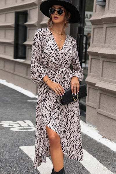 Slit Printed Surplice Balloon Sleeve Dress - Trendsi - Flyclothing LLC