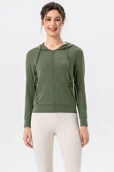 Drawstring Zip Up Hooded Active Outerwear - Trendsi - Flyclothing LLC