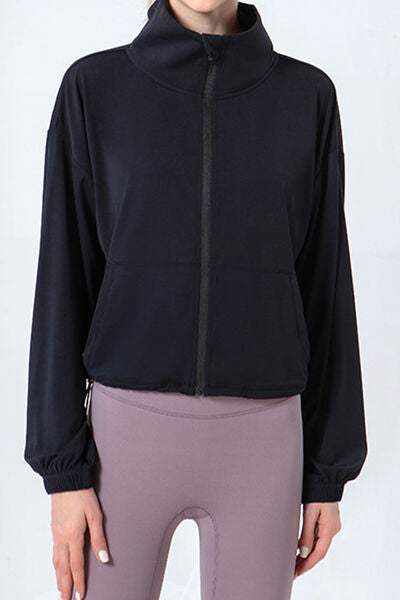 Drawstring Zip Up Dropped Shoulder Active Outerwear - Trendsi - Flyclothing LLC