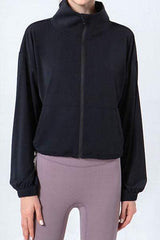 Drawstring Zip Up Dropped Shoulder Active Outerwear - Trendsi - Flyclothing LLC