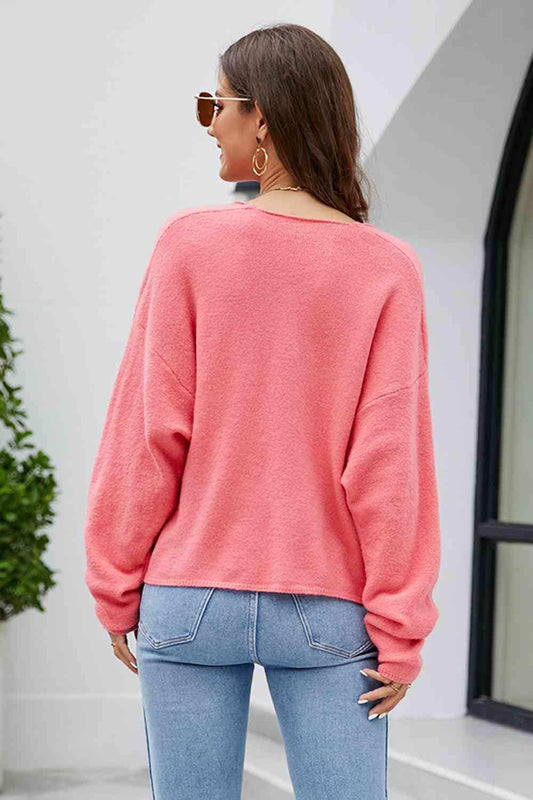 V-Neck Drop Shoulder Long Sleeve Knit Top - Trendsi - Flyclothing LLC