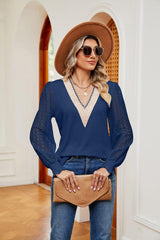 Contrast V-Neck Long Sleeve Blouse - Trendsi