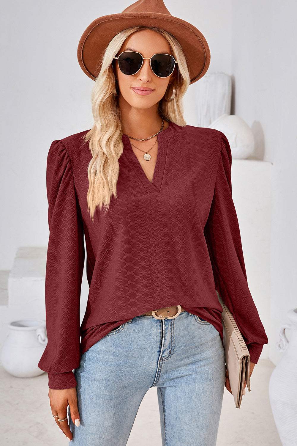 Ruched Notched Long Sleeve T-Shirt - Trendsi - Flyclothing LLC