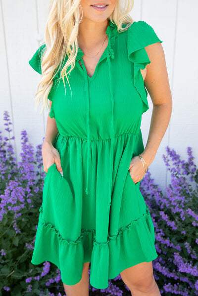 Frill Tie Neck Ruffled Sleeveless Mini Dress - Trendsi - Flyclothing LLC