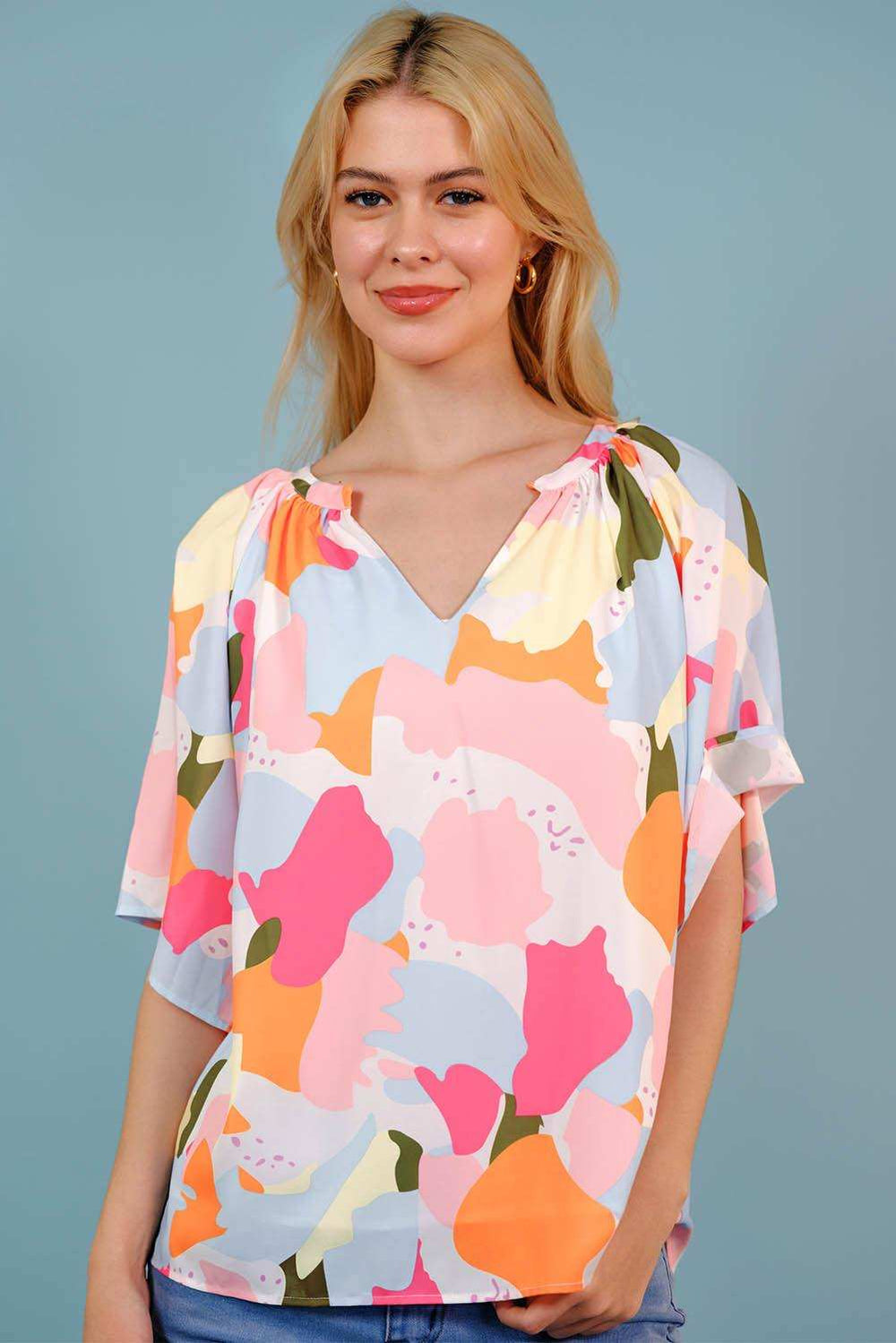Printed Notched Neck Half Sleeve Blouse - Trendsi - Flyclothing LLC