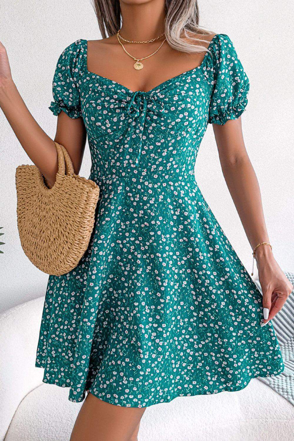 Ditsy Floral Drawstring A-Line Dress - Trendsi - Flyclothing LLC