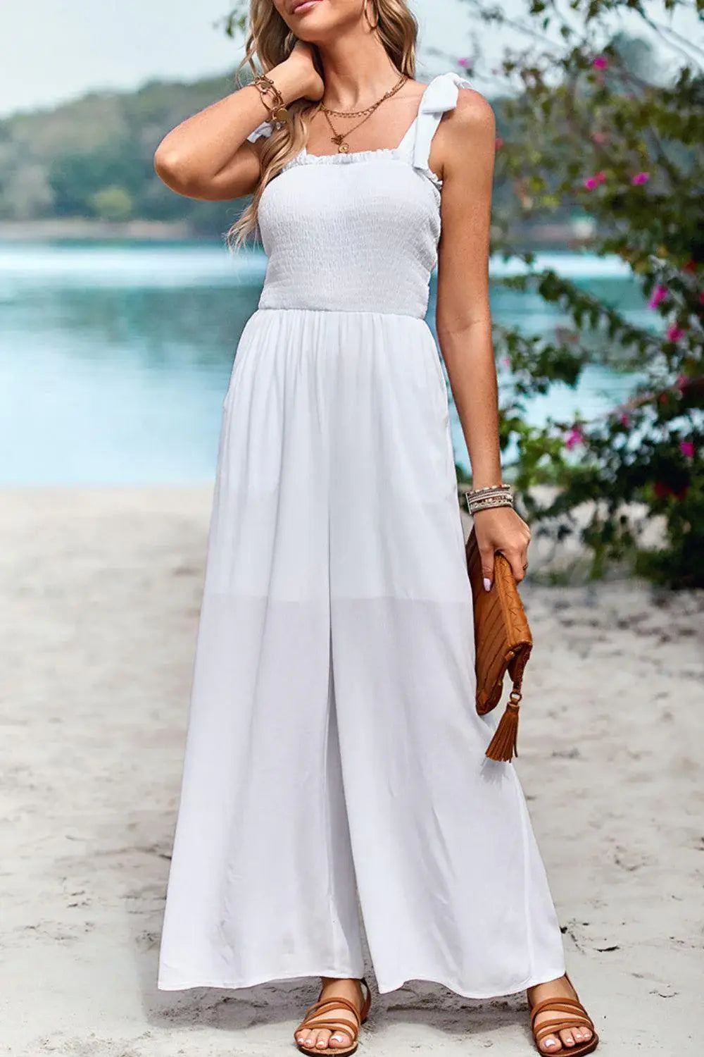 Frill Trim Tie Shoulder Wide Leg Jumpsuit with Pockets - Trendsi - Flyclothing LLC