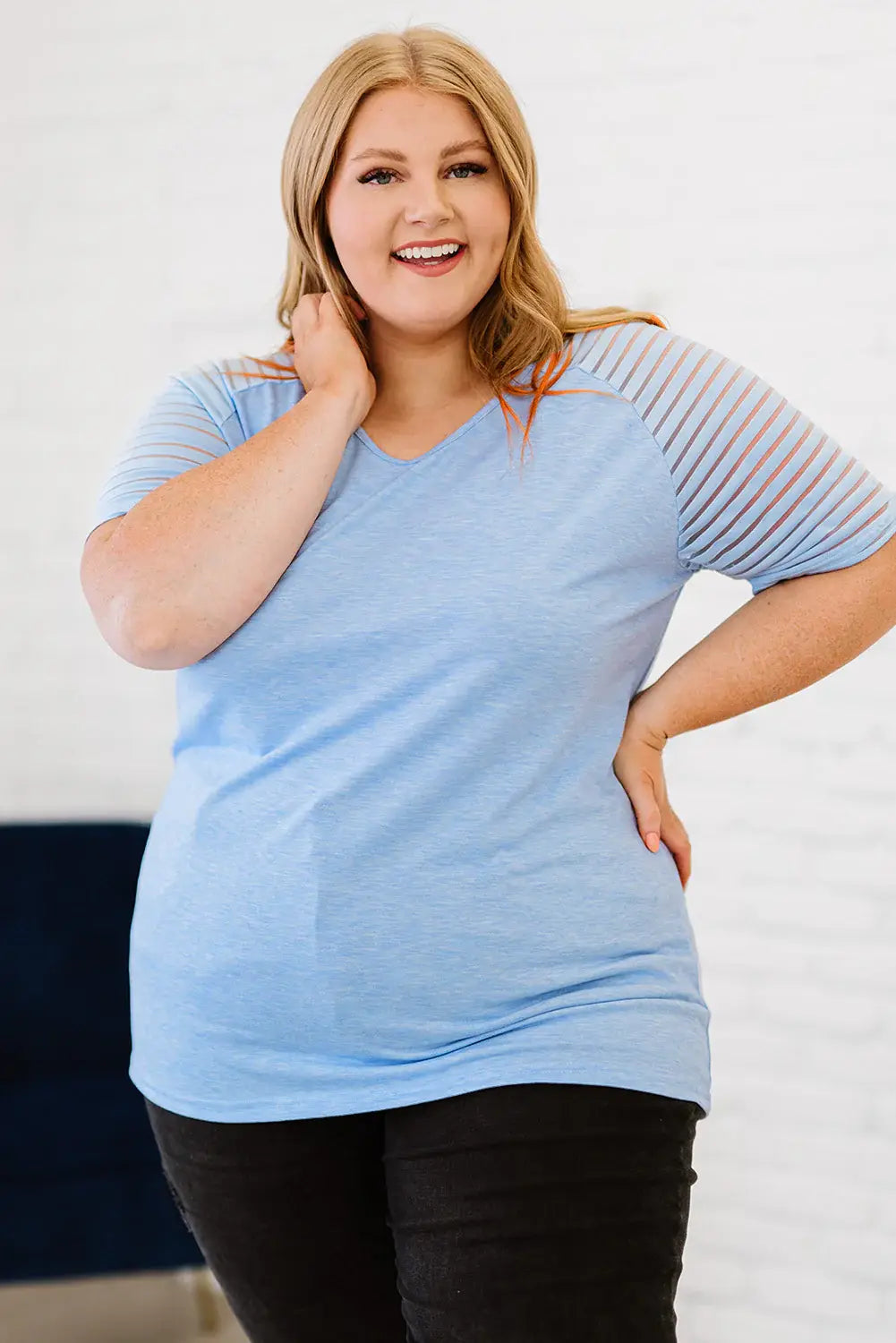 Plus Size V-Neck Raglan Sleeve Tee - Trendsi - Flyclothing LLC