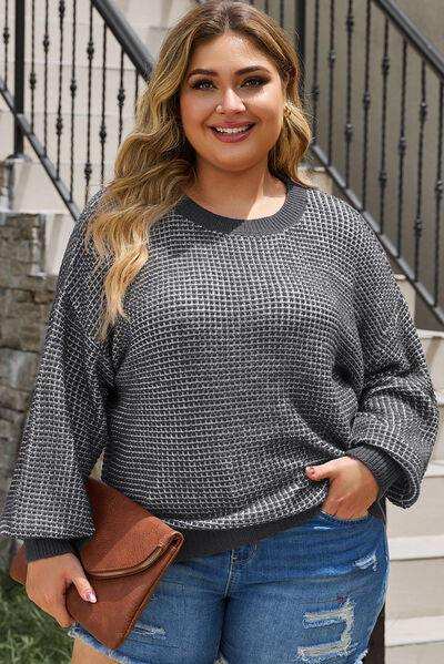 Plus Size Waffle-Knit Round Neck Dropped Shoulder Sweater - Trendsi - Flyclothing LLC