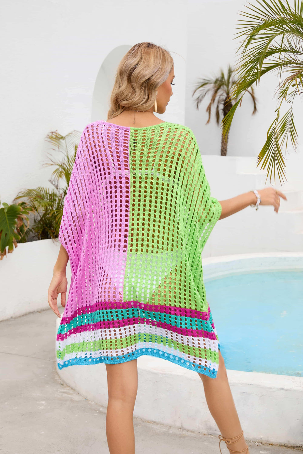 Contrast Scoop Neck Openwork Half Sleeve Cover Up - Trendsi - Flyclothing LLC
