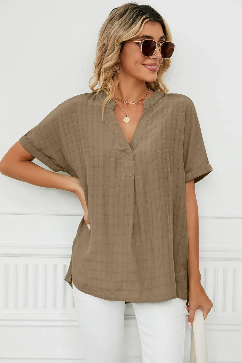 Side Slit Notched Neck Cuffed Short Sleeve Blouse - Trendsi - Flyclothing LLC