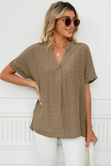 Side Slit Notched Neck Cuffed Short Sleeve Blouse - Trendsi - Flyclothing LLC
