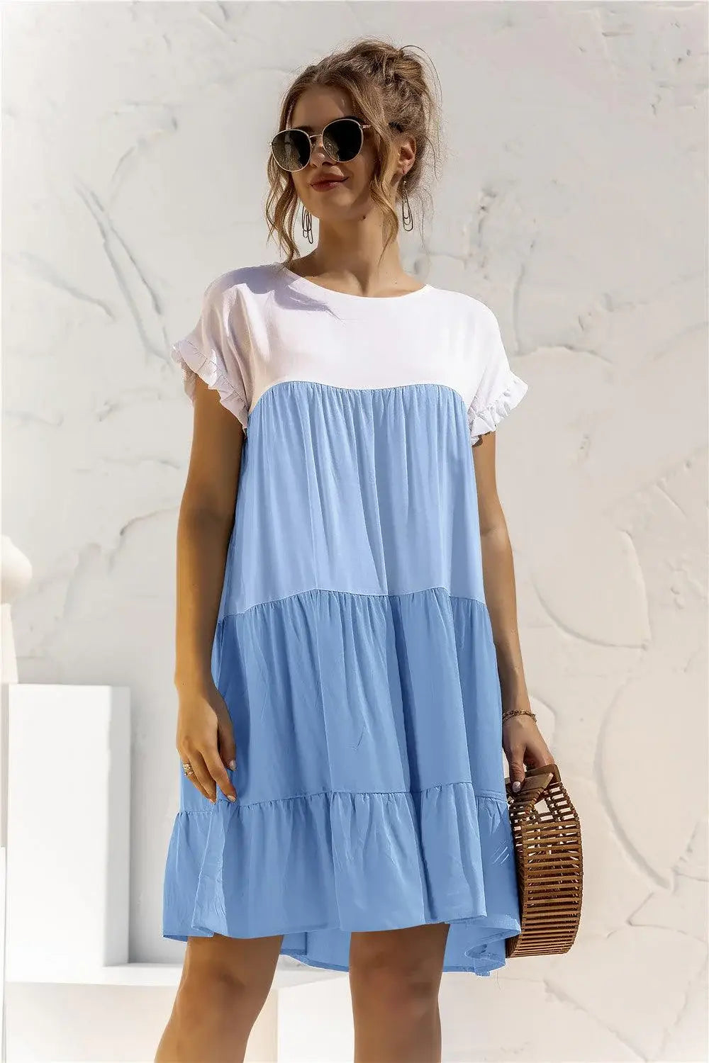 Color Block Round Neck Ruffle Hem Dress - Trendsi - Flyclothing LLC